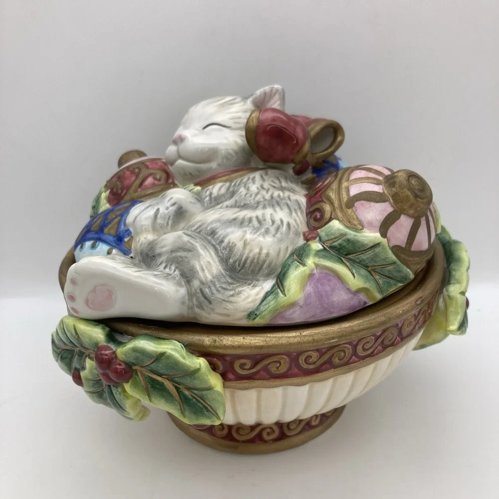 Fitz &Floyd Christmas Kitty In Bowl Lidded Footed Bowl Ornaments Candy 2005